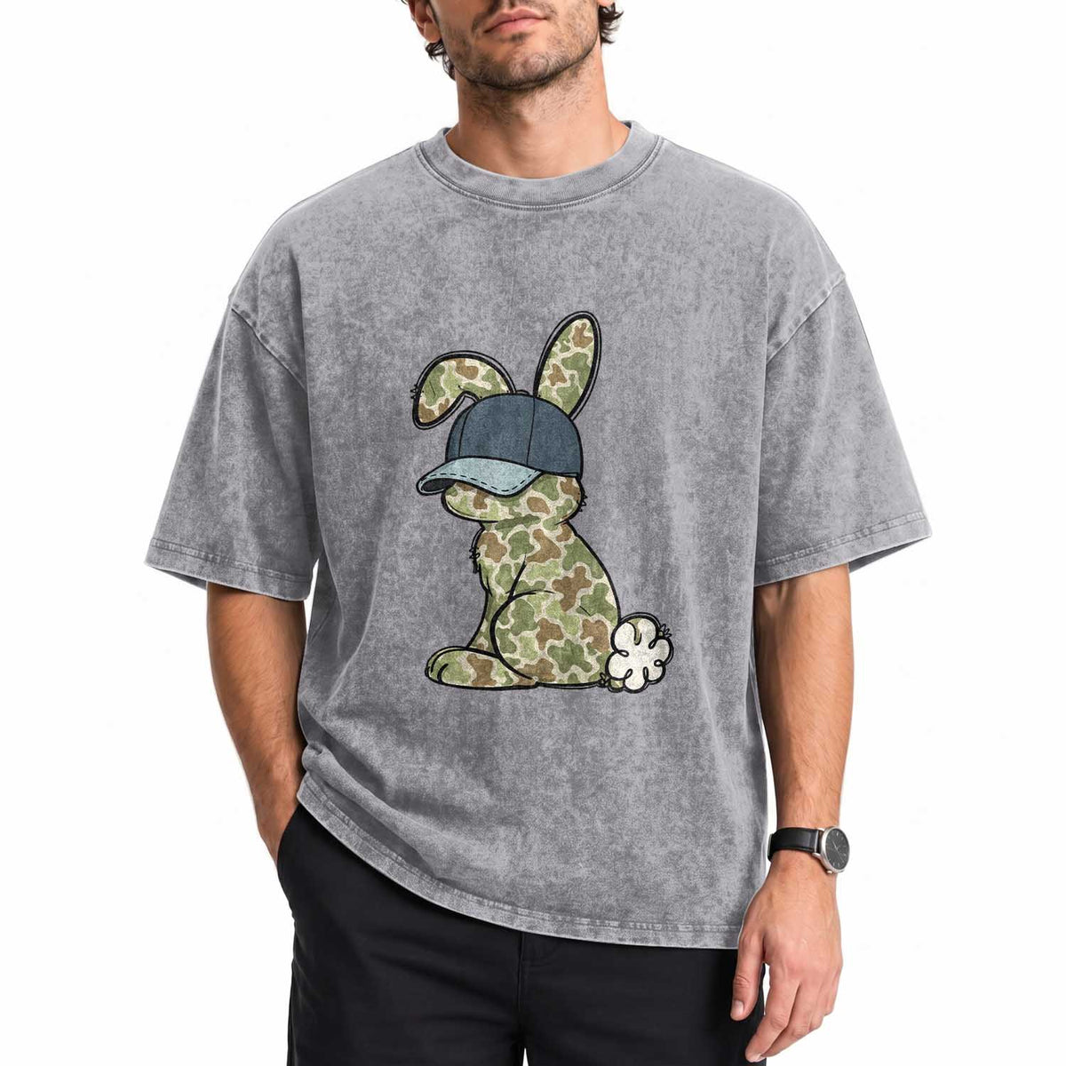 Camouflage Bunny Washed Cotton T-Shirt Funny Hunter Easter Gift
