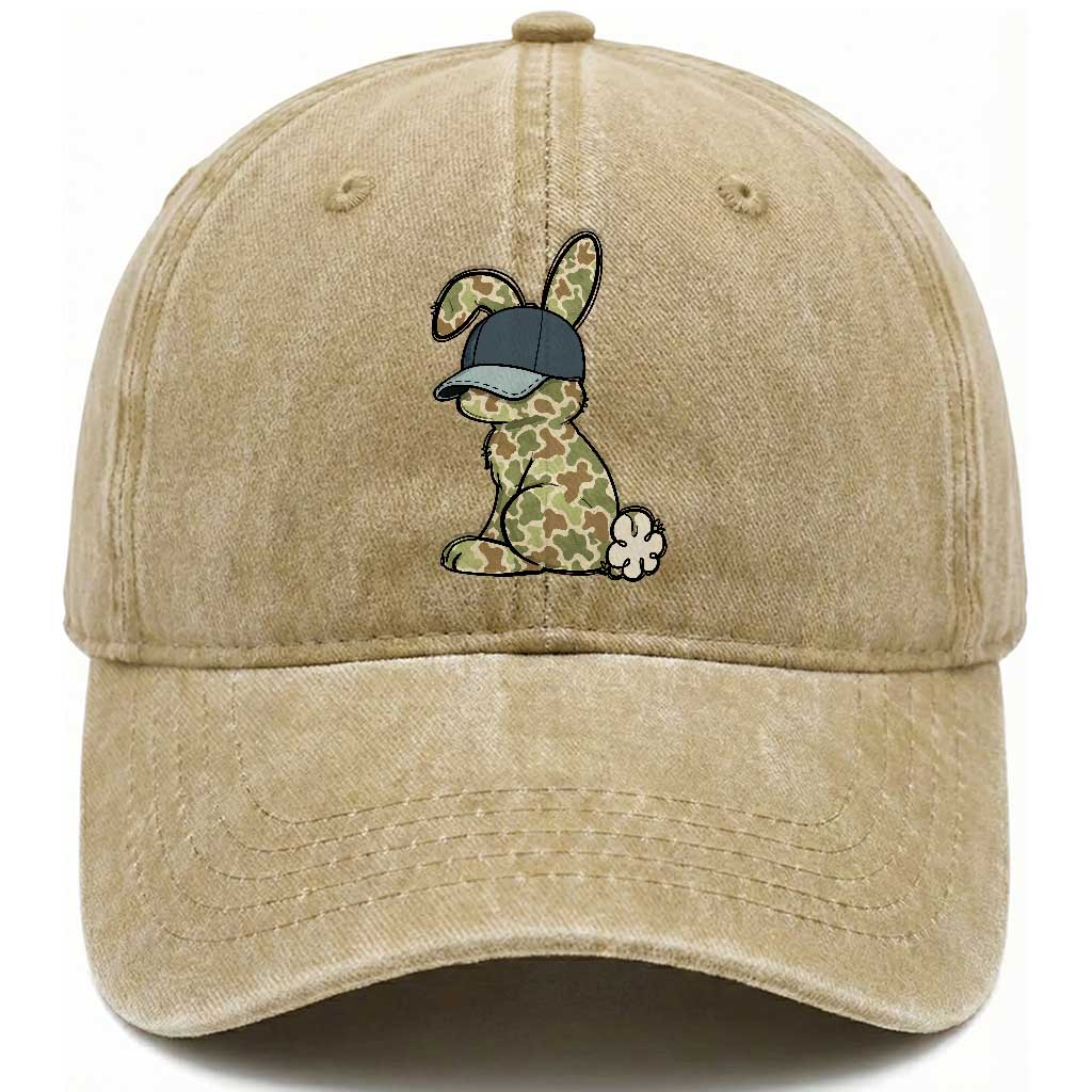 Camouflage Bunny Washed Cotton Baseball Cap Funny Hunter Easter Gift TS12 Washed Cap Universal Fit Khaki Print Your Wear