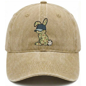 Camouflage Bunny Washed Cotton Baseball Cap Funny Hunter Easter Gift TS12 Washed Cap Universal Fit Khaki Print Your Wear