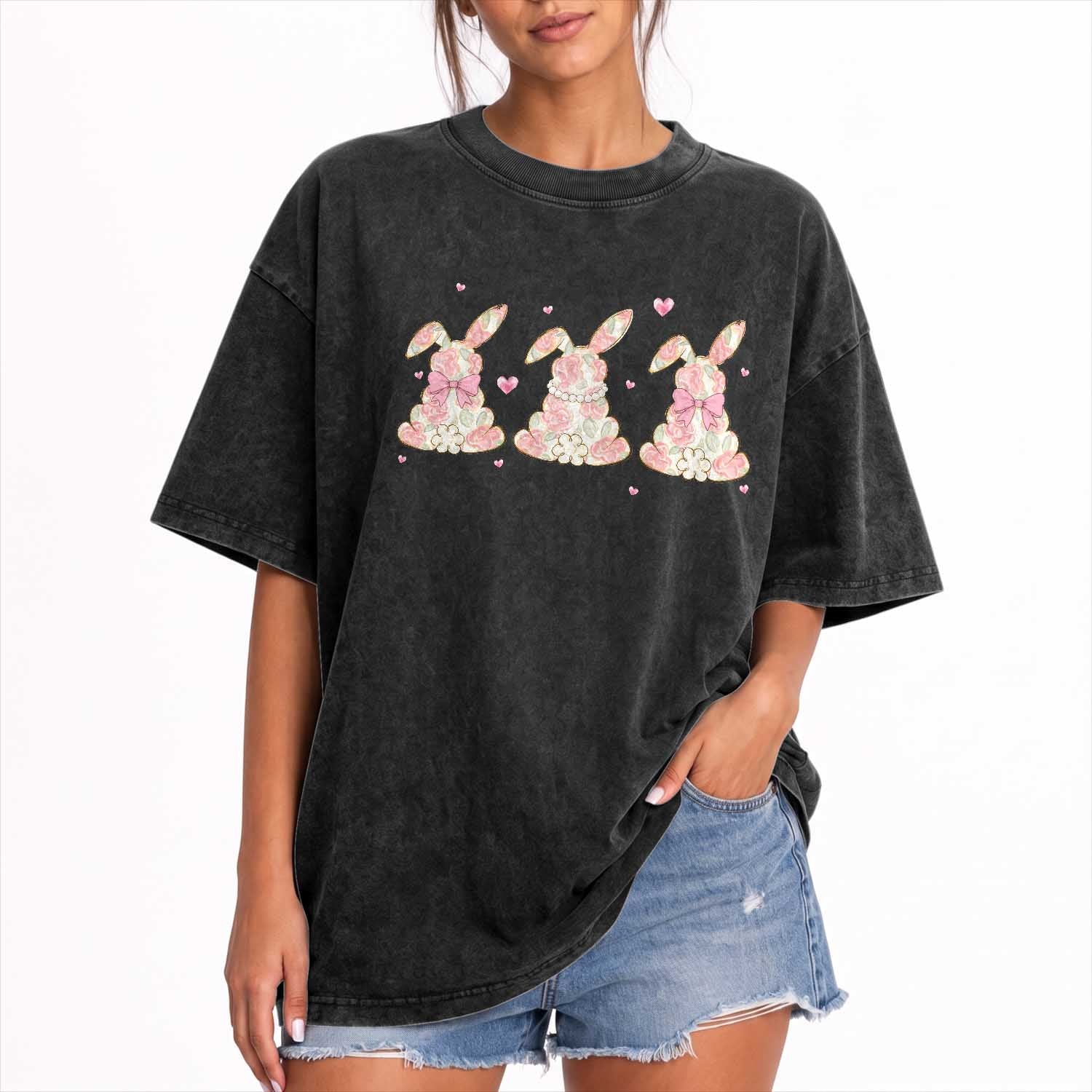 Floral Bunny Easter Washed Cotton T-Shirt Shabby Chic Rose Pattern