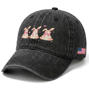 Floral Bunny Easter Washed Cotton Baseball Cap Shabby Chic Rose Pattern TS12 Print Your Wear