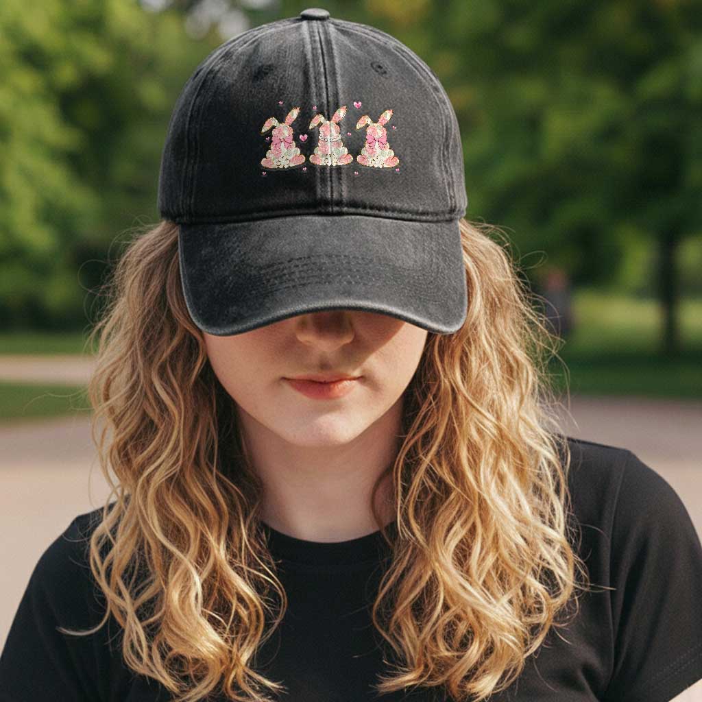 Floral Bunny Easter Washed Cotton Baseball Cap Shabby Chic Rose Pattern TS12 Print Your Wear