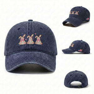 Floral Bunny Easter Washed Cotton Baseball Cap Shabby Chic Rose Pattern TS12 Washed Cap Universal Fit Navy Print Your Wear