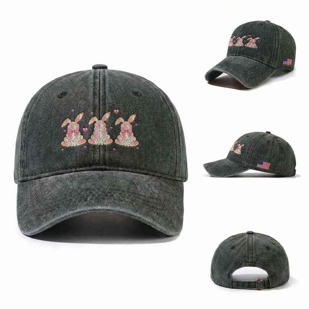Floral Bunny Easter Washed Cotton Baseball Cap Shabby Chic Rose Pattern TS12 Washed Cap Universal Fit Dark Green Print Your Wear