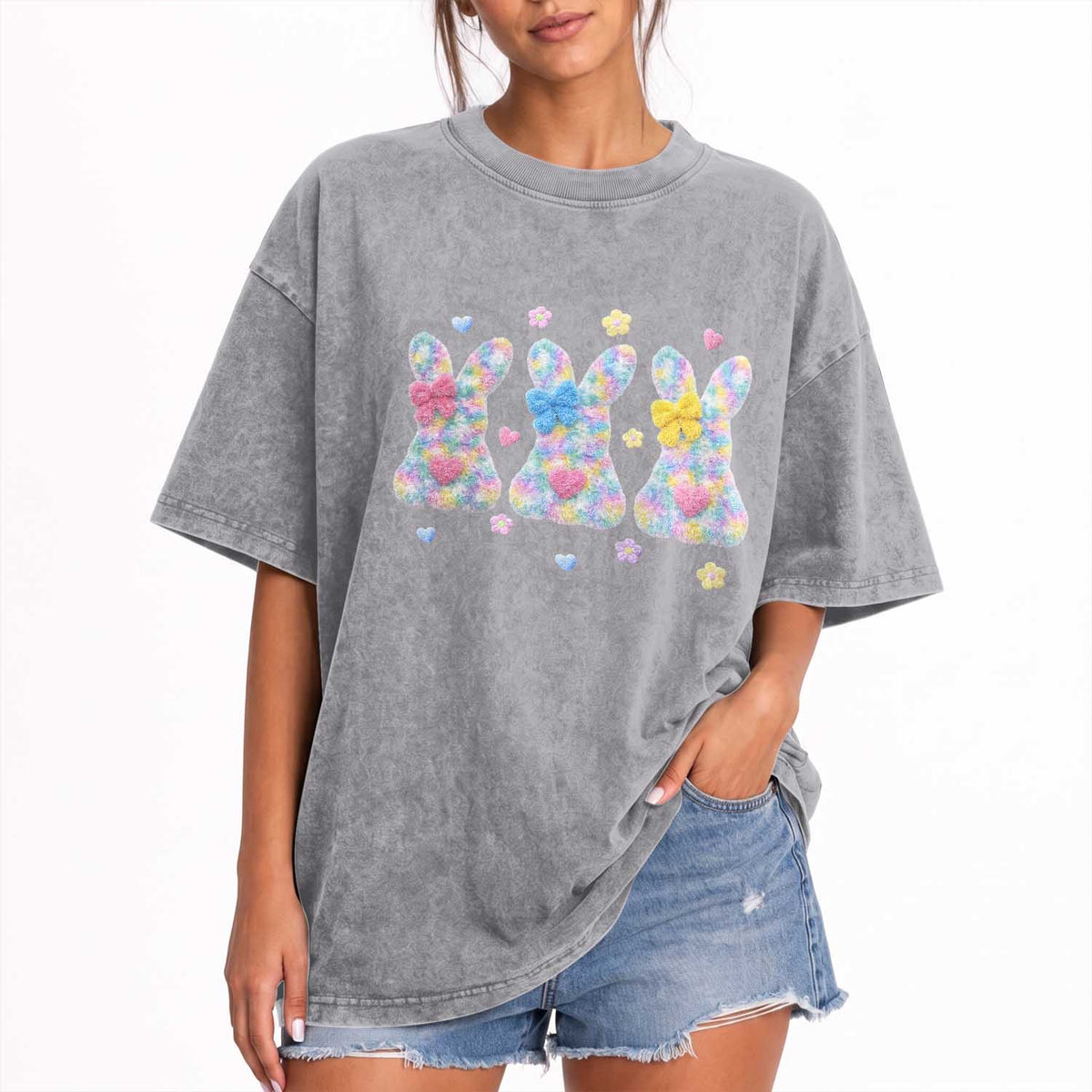 Faux Yarn Easter Bunny Effect Printed Washed Cotton T-Shirt Coquette Aesthetic Gift