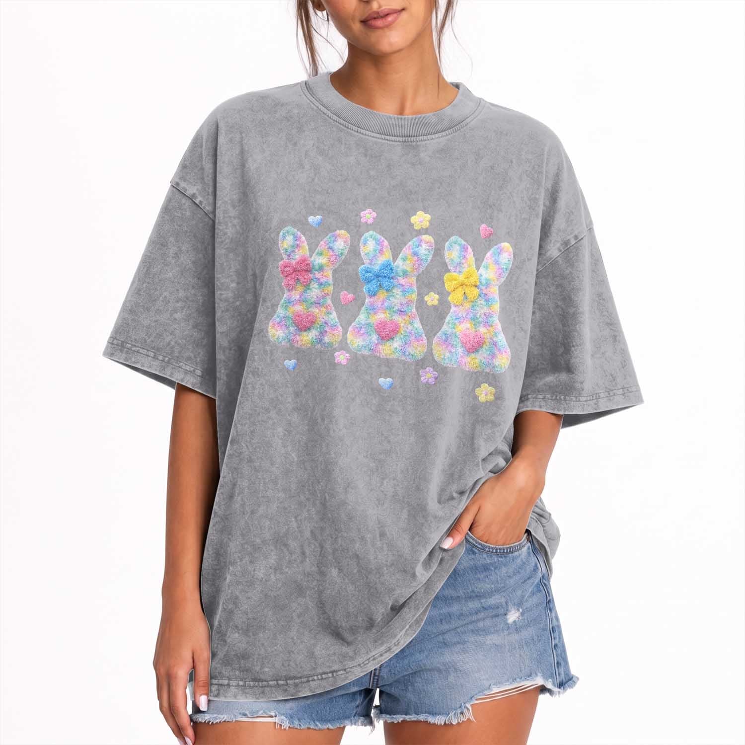 Faux Yarn Easter Bunny Effect Printed Washed Cotton T-Shirt Coquette Aesthetic Gift