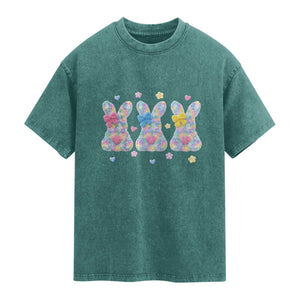 Faux Yarn Easter Bunny Effect Printed Washed Cotton T-Shirt Coquette Aesthetic Gift