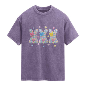 Faux Yarn Easter Bunny Effect Printed Washed Cotton T-Shirt Coquette Aesthetic Gift