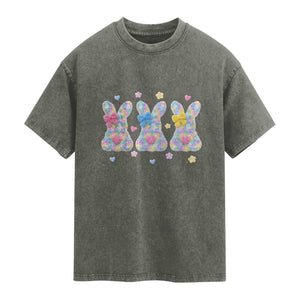Faux Yarn Easter Bunny Effect Printed Washed Cotton T-Shirt Coquette Aesthetic Gift