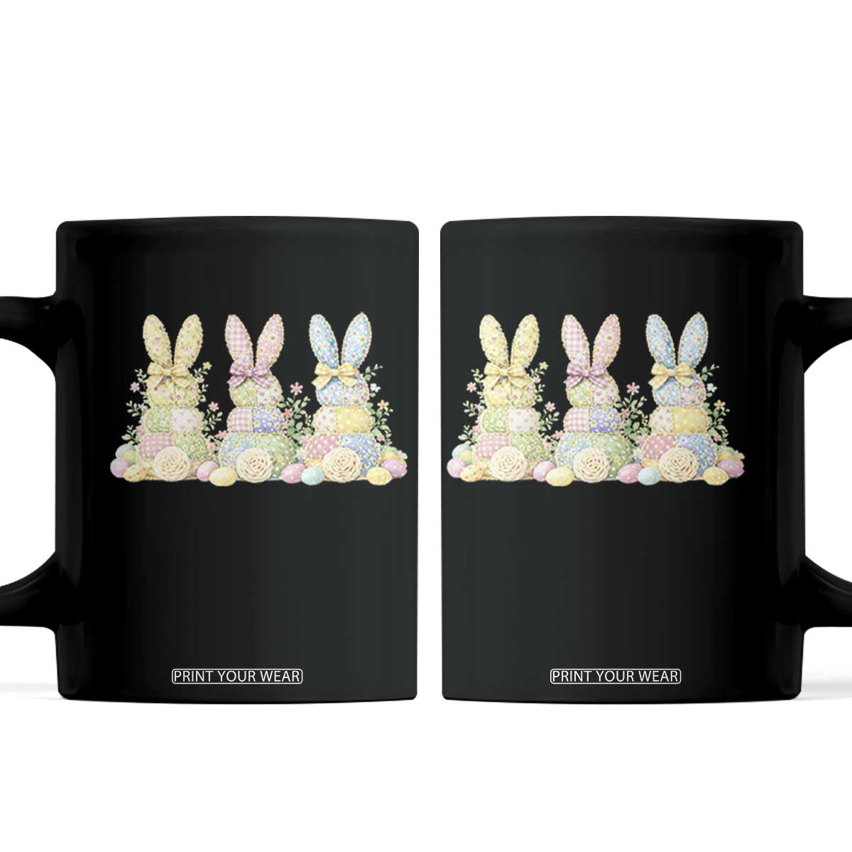 Faux Patchwork Easter Bunny Effect Printed Coffee Mug Cottagecore Bunny Gift For Women TS12 Black Print Your Wear