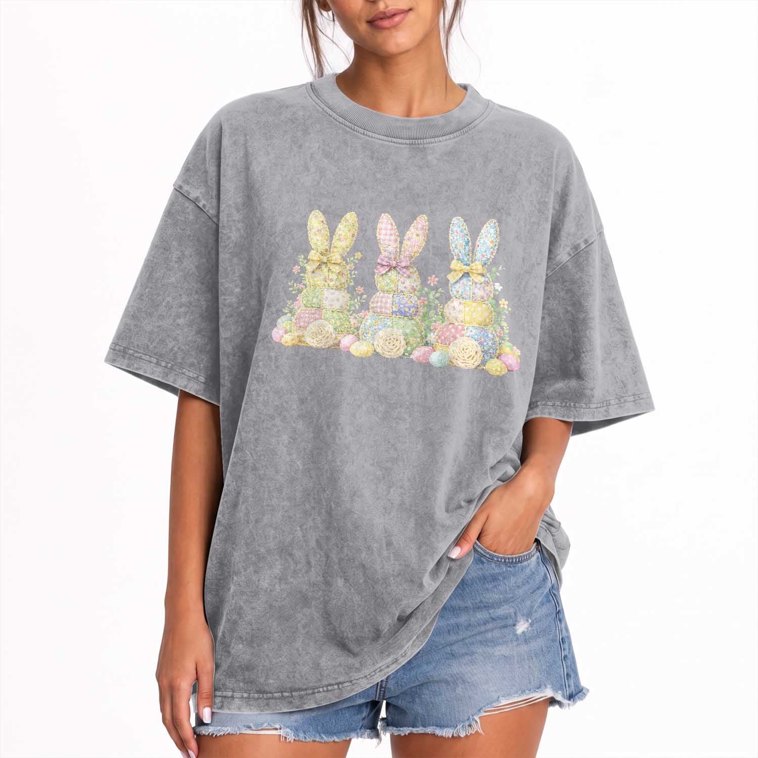 Faux Patchwork Easter Bunny Effect Printed Washed Cotton T-Shirt Cottagecore Bunny Gift For Women