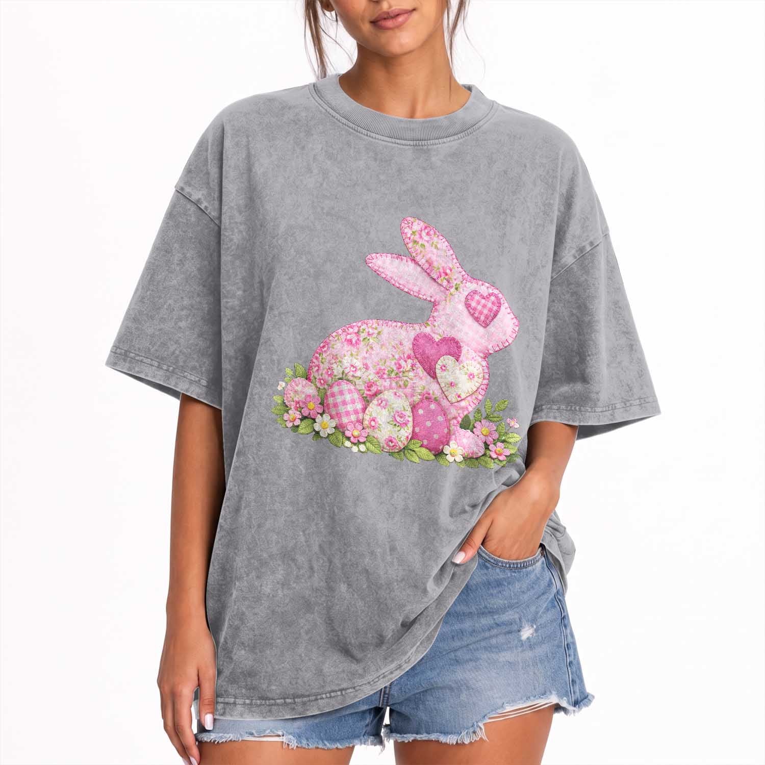 Faux Patchwork Easter Bunny Effect Printed Washed Cotton T-Shirt Vintage Cottagecore Floral Bunny Gift