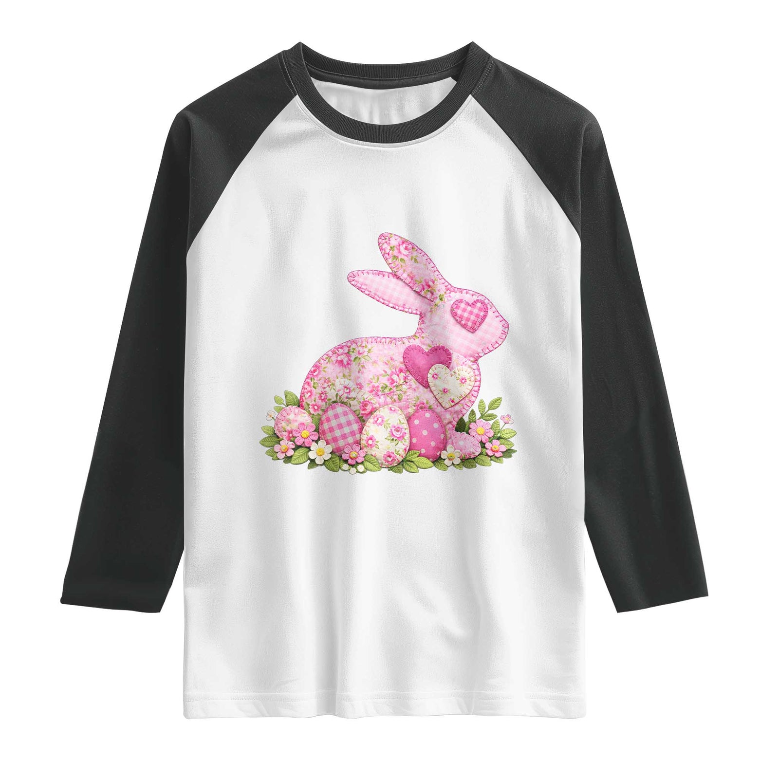 Faux Patchwork Easter Bunny Effect Printed Raglan Shirt Vintage Cottagecore Floral Bunny Gift TS12 White Black Print Your Wear