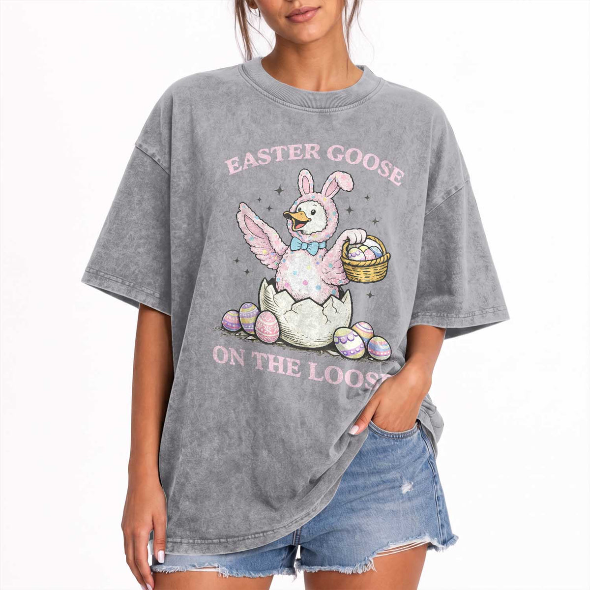 Easter Goose On The Loose Washed Cotton T-Shirt Funny Easter Egg Hunt Gift