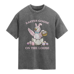 Easter Goose On The Loose Washed Cotton T-Shirt Funny Easter Egg Hunt Gift