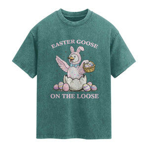 Easter Goose On The Loose Washed Cotton T-Shirt Funny Easter Egg Hunt Gift