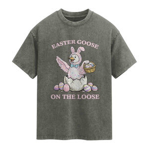 Easter Goose On The Loose Washed Cotton T-Shirt Funny Easter Egg Hunt Gift