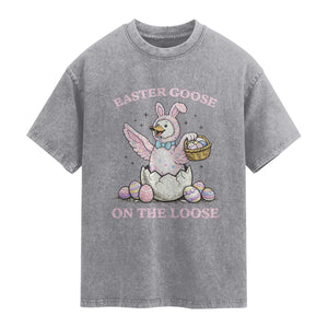Easter Goose On The Loose Washed Cotton T-Shirt Funny Easter Egg Hunt Gift
