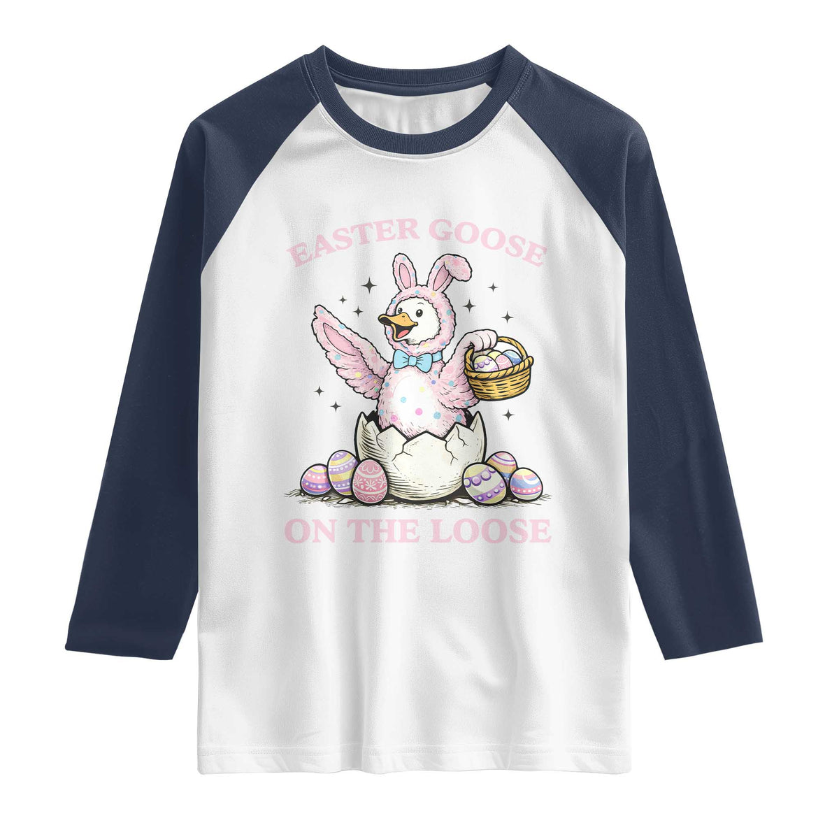 Easter Goose On The Loose Raglan Shirt Funny Easter Egg Hunt Gift TS12 White Navy Print Your Wear