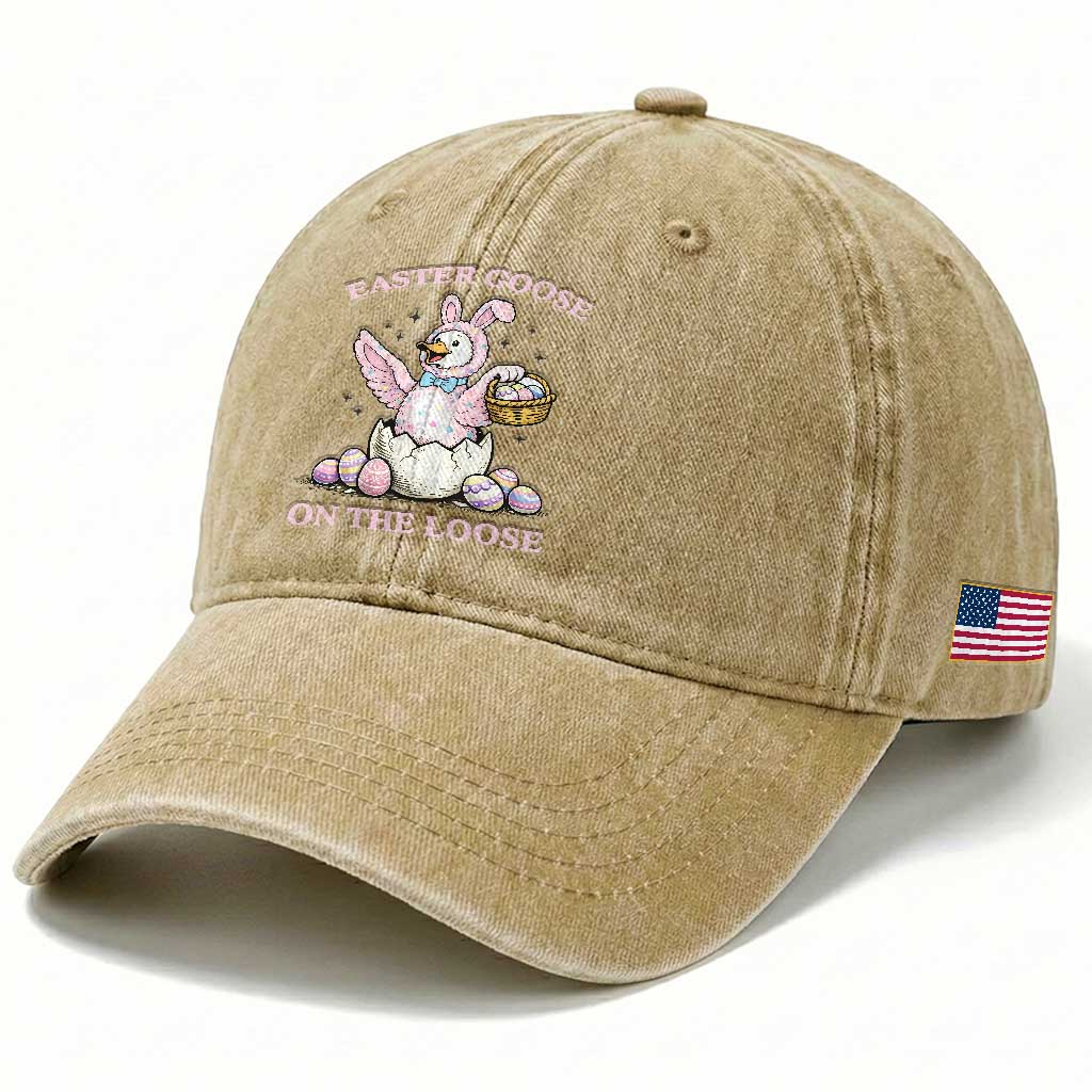 Easter Goose On The Loose Washed Cotton Baseball Cap Funny Easter Egg Hunt Gift TS12 Print Your Wear