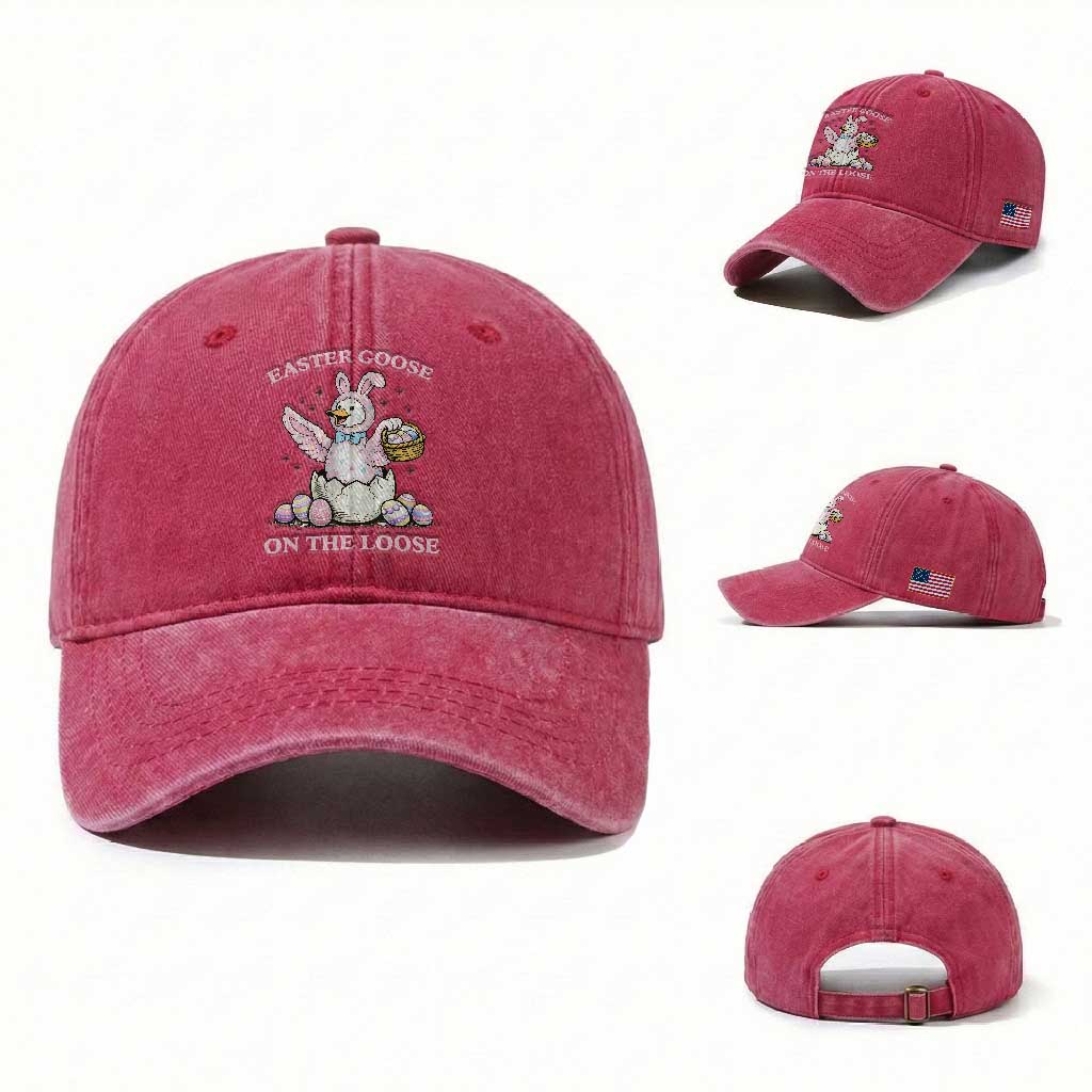 Easter Goose On The Loose Washed Cotton Baseball Cap Funny Easter Egg Hunt Gift TS12 Washed Cap Universal Fit Red Print Your Wear