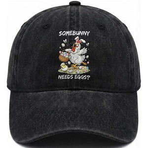 Funny Easter Chicken Bunny Ears Washed Cotton Baseball Cap Somebunny Needs Eggs TS12 Washed Cap Universal Fit Black Print Your Wear
