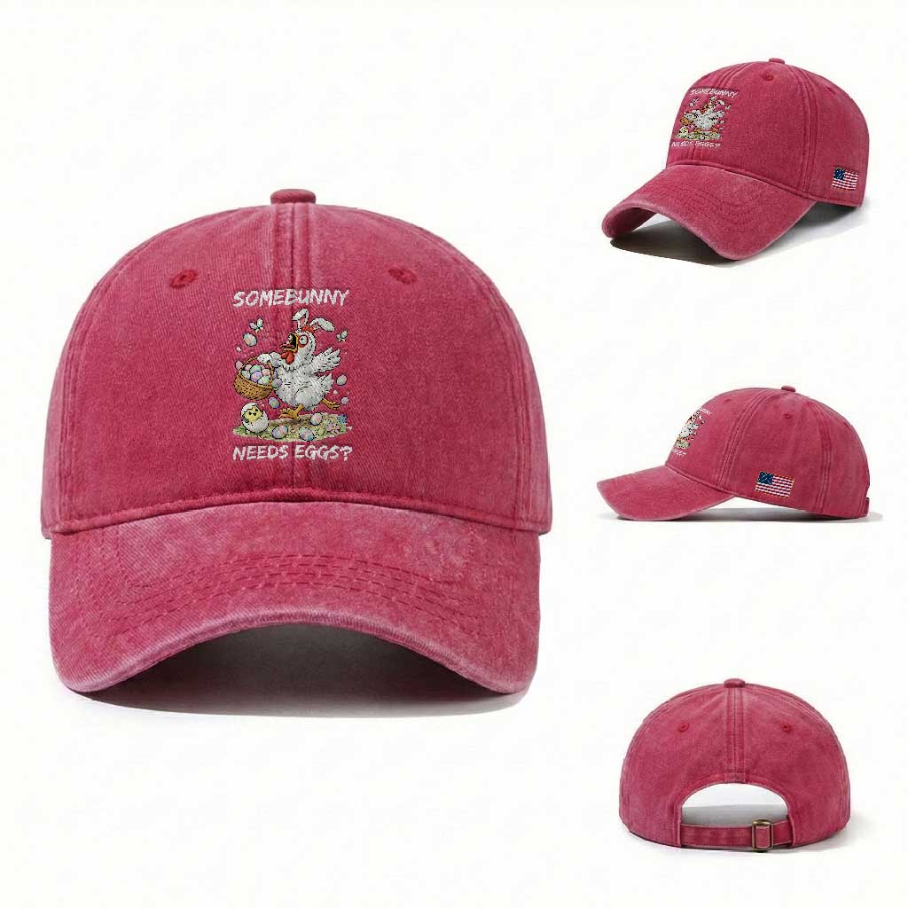 Funny Easter Chicken Bunny Ears Washed Cotton Baseball Cap Somebunny Needs Eggs TS12 Washed Cap Universal Fit Red Print Your Wear