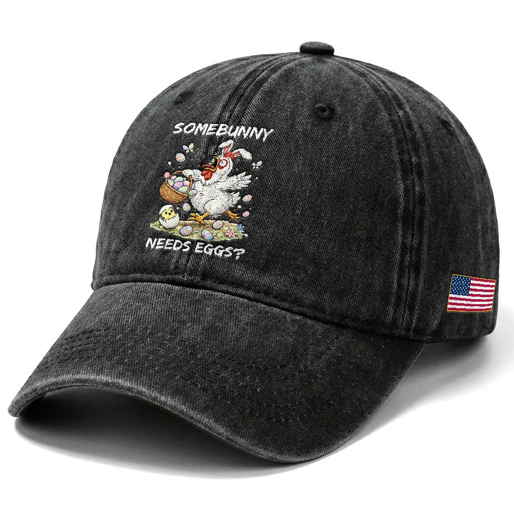 Funny Easter Chicken Bunny Ears Washed Cotton Baseball Cap Somebunny Needs Eggs TS12 Print Your Wear
