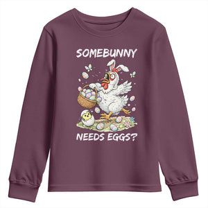 Funny Easter Chicken Bunny Ears Youth Sweatshirt Somebunny Needs Eggs TS12 Maroon Print Your Wear