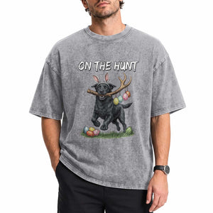 Funny Easter Hunting Dog Washed Cotton T-Shirt Labrador Bunny Ears On The Hunt