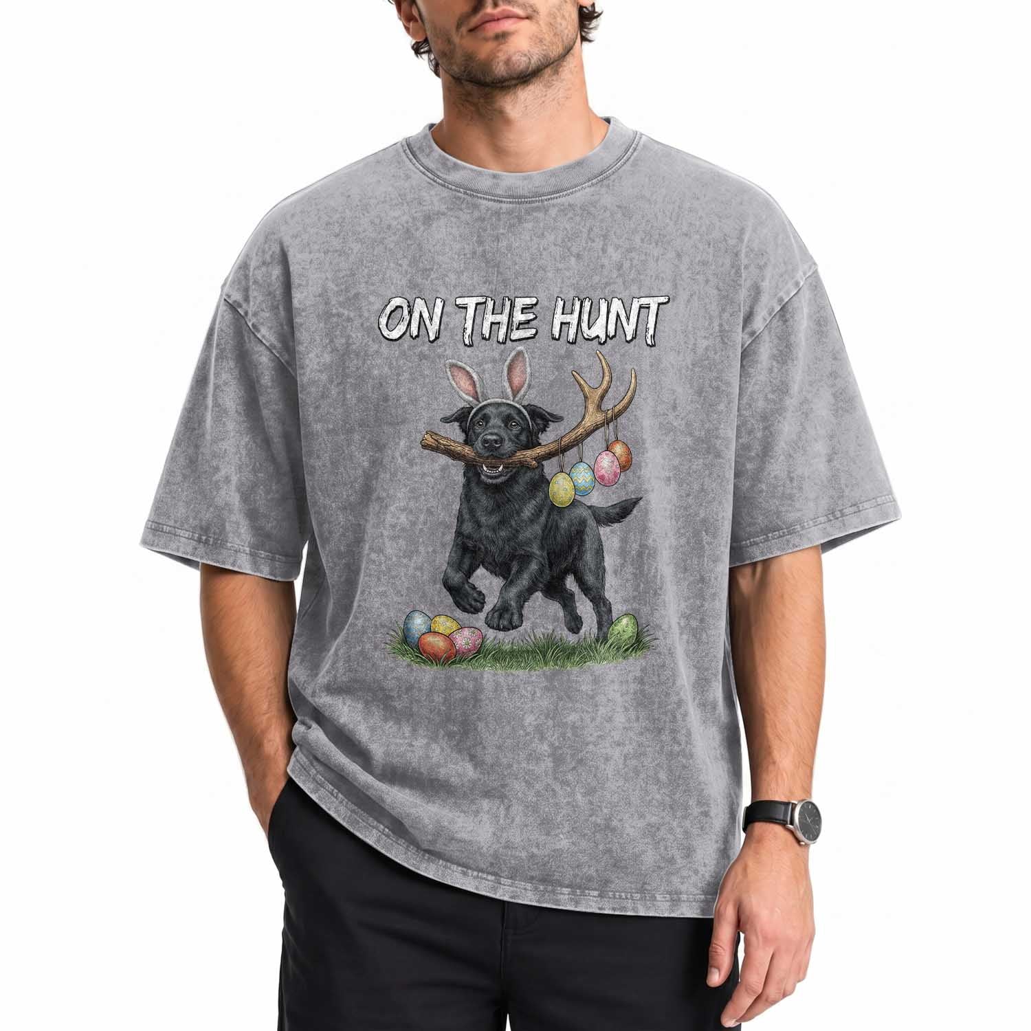 Funny Easter Hunting Dog Washed Cotton T-Shirt Labrador Bunny Ears On The Hunt