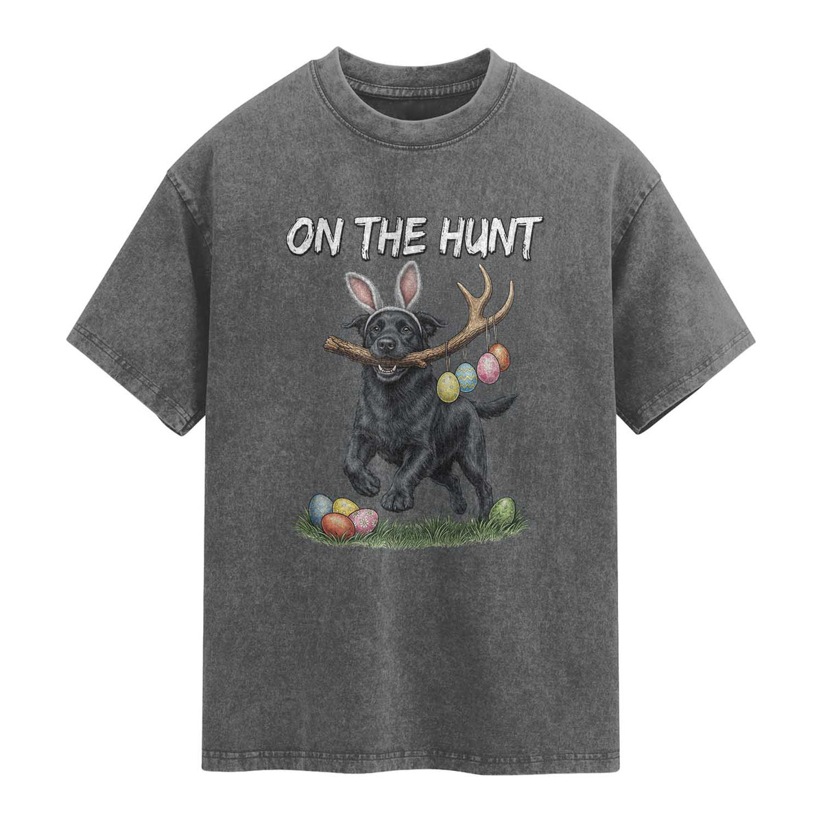 Funny Easter Hunting Dog Washed Cotton T-Shirt Labrador Bunny Ears On The Hunt