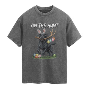 Funny Easter Hunting Dog Washed Cotton T-Shirt Labrador Bunny Ears On The Hunt