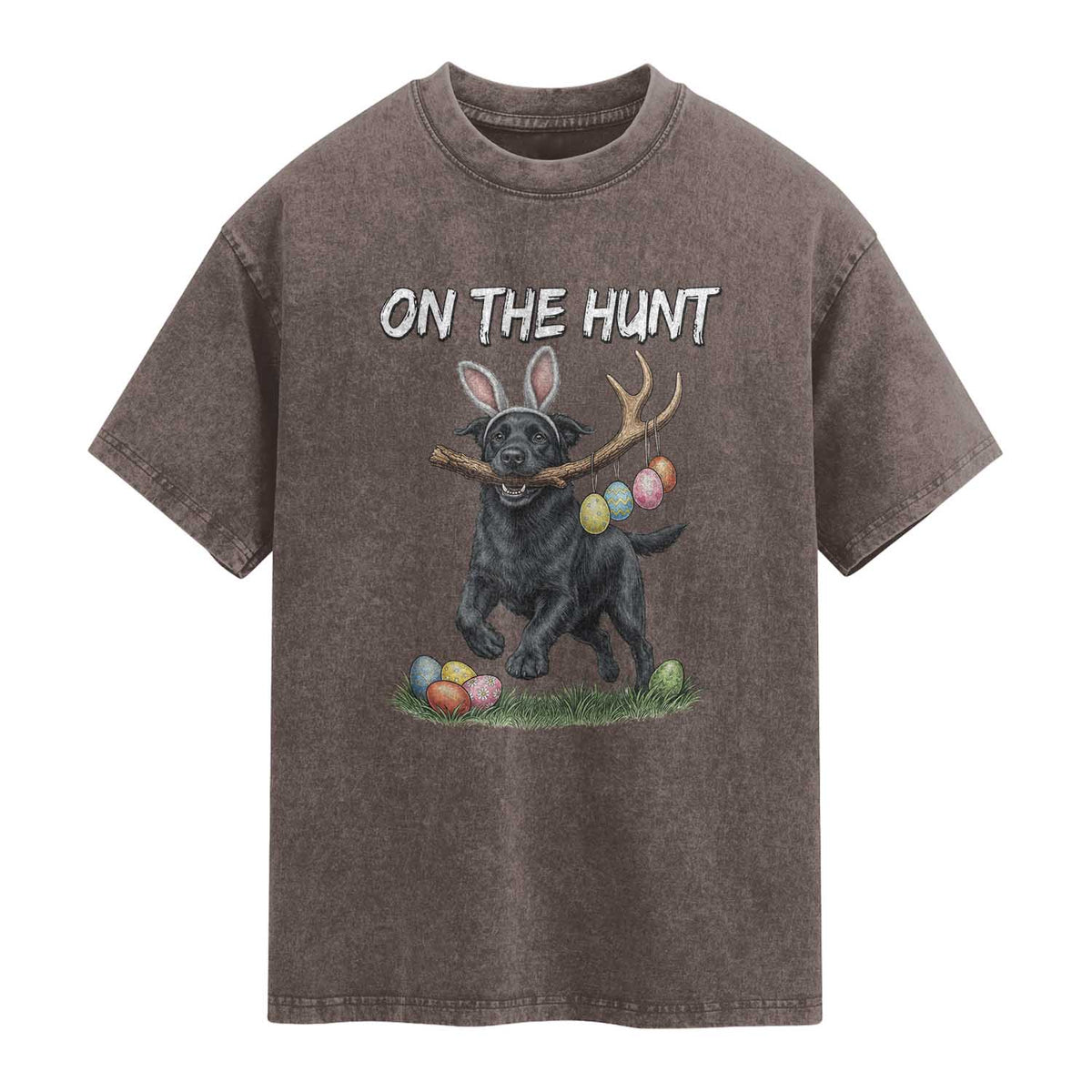 Funny Easter Hunting Dog Washed Cotton T-Shirt Labrador Bunny Ears On The Hunt