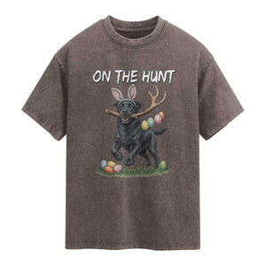 Funny Easter Hunting Dog Washed Cotton T-Shirt Labrador Bunny Ears On The Hunt