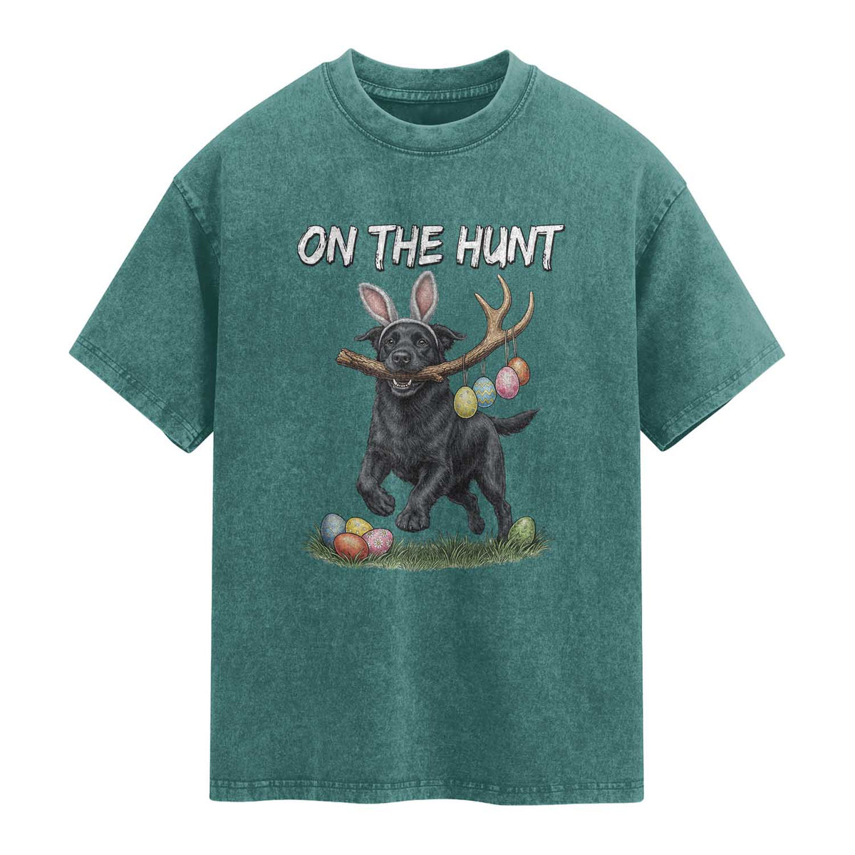 Funny Easter Hunting Dog Washed Cotton T-Shirt Labrador Bunny Ears On The Hunt
