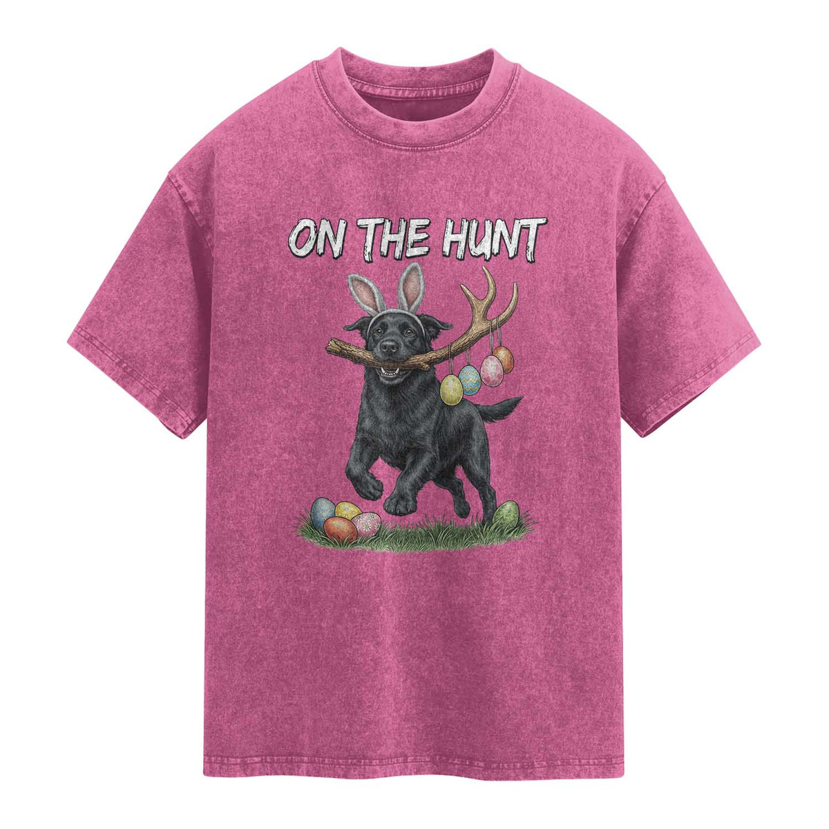 Funny Easter Hunting Dog Washed Cotton T-Shirt Labrador Bunny Ears On The Hunt