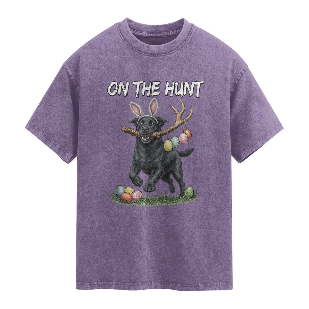 Funny Easter Hunting Dog Washed Cotton T-Shirt Labrador Bunny Ears On The Hunt