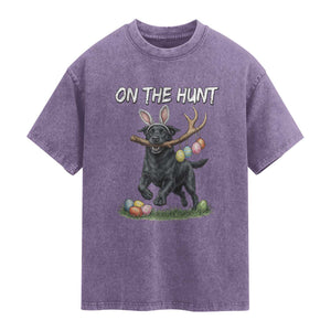 Funny Easter Hunting Dog Washed Cotton T-Shirt Labrador Bunny Ears On The Hunt