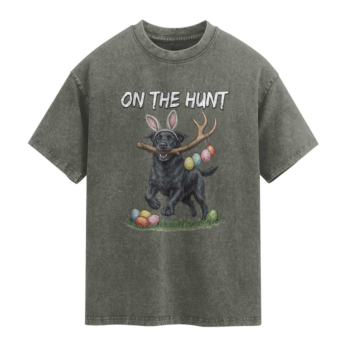 Funny Easter Hunting Dog Washed Cotton T-Shirt Labrador Bunny Ears On The Hunt