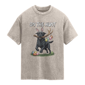 Funny Easter Hunting Dog Washed Cotton T-Shirt Labrador Bunny Ears On The Hunt