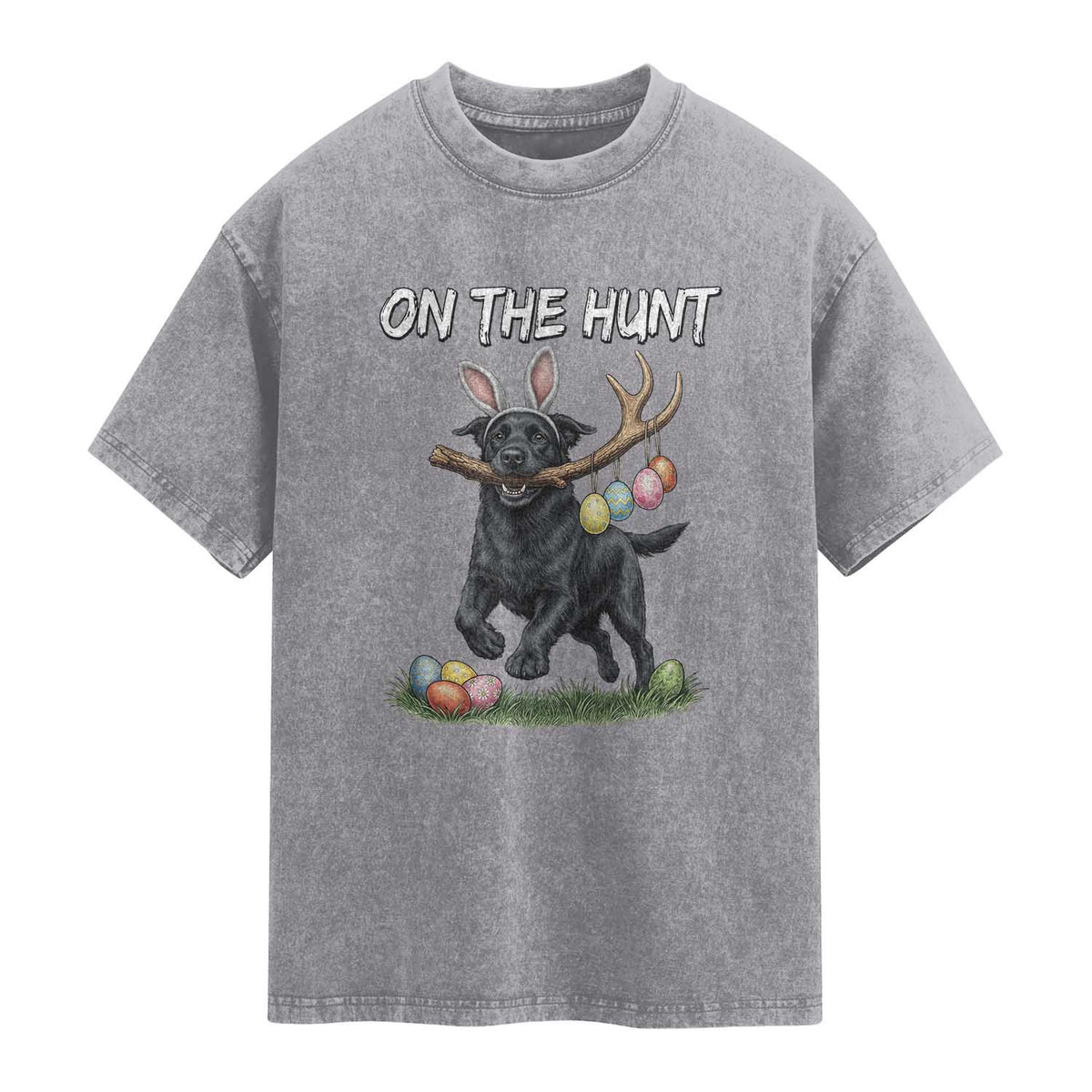 Funny Easter Hunting Dog Washed Cotton T-Shirt Labrador Bunny Ears On The Hunt