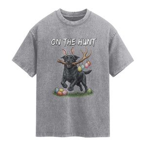Funny Easter Hunting Dog Washed Cotton T-Shirt Labrador Bunny Ears On The Hunt