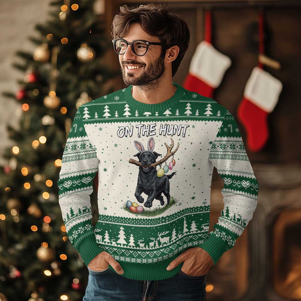 Funny Easter Hunting Dog Ugly Christmas Sweater Labrador Bunny Ears On The Hunt TS12 Beige Green Print Your Wear
