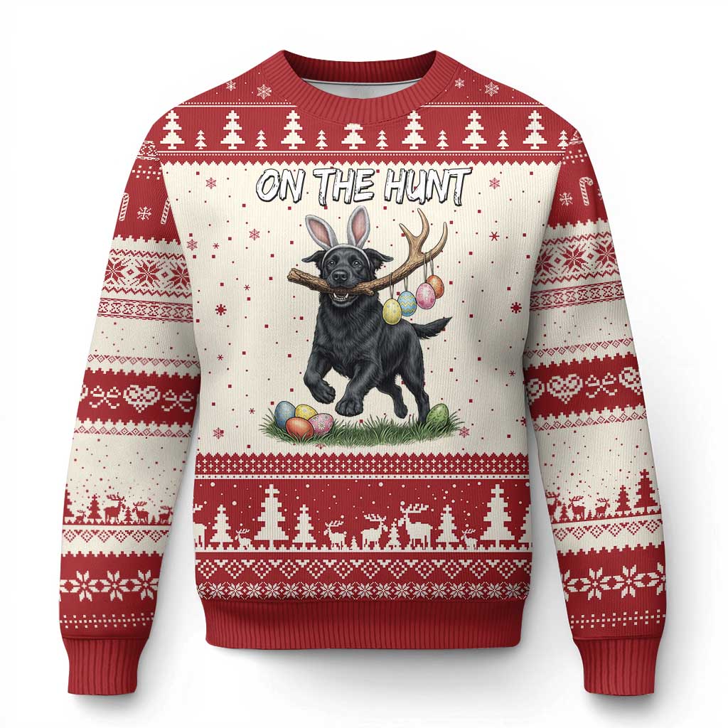Funny Easter Hunting Dog Ugly Christmas Sweater Labrador Bunny Ears On The Hunt TS12 Beige Red Print Your Wear