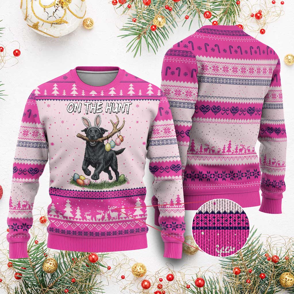 Funny Easter Hunting Dog Ugly Christmas Sweater Labrador Bunny Ears On The Hunt TS12 Hot Pink Print Your Wear
