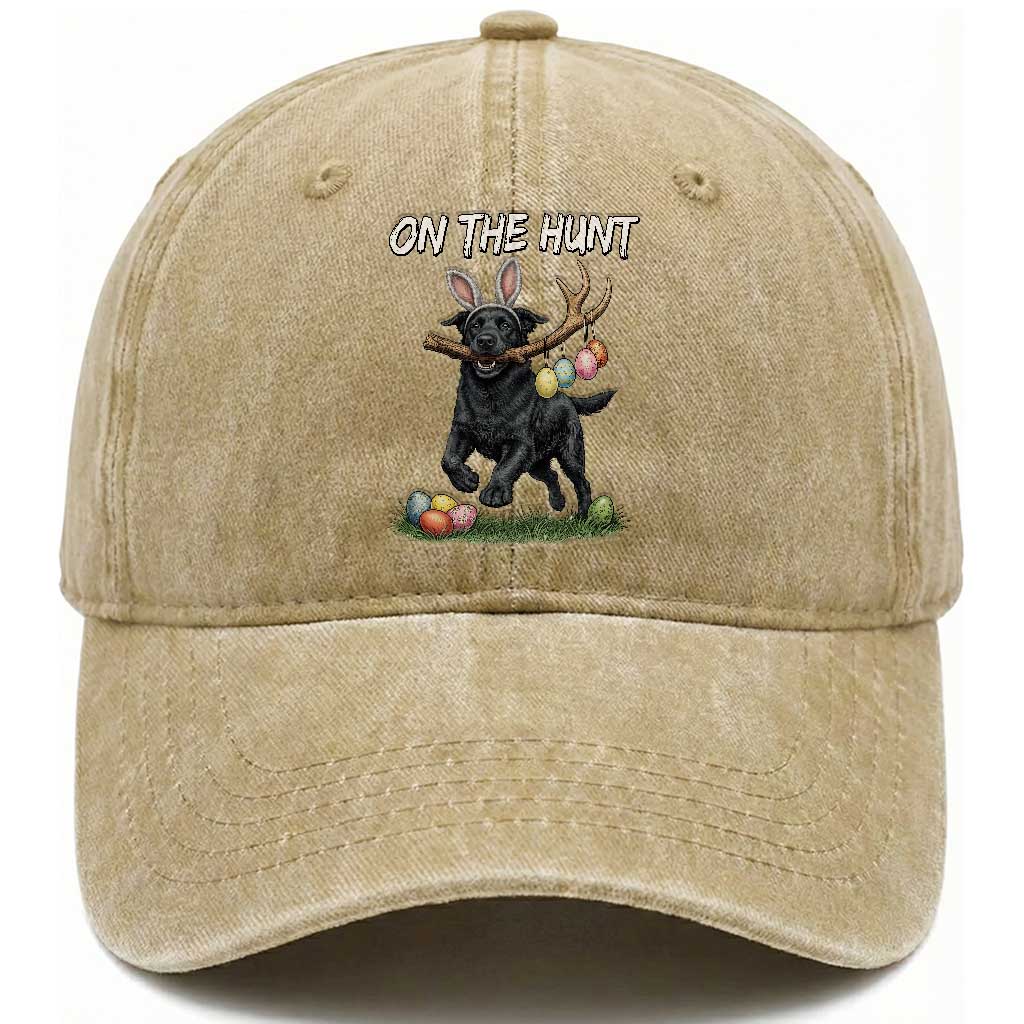 Funny Easter Hunting Dog Washed Cotton Baseball Cap Labrador Bunny Ears On The Hunt TS12 Washed Cap Universal Fit Khaki Print Your Wear