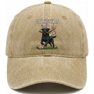 Funny Easter Hunting Dog Washed Cotton Baseball Cap Labrador Bunny Ears On The Hunt TS12 Washed Cap Universal Fit Khaki Print Your Wear