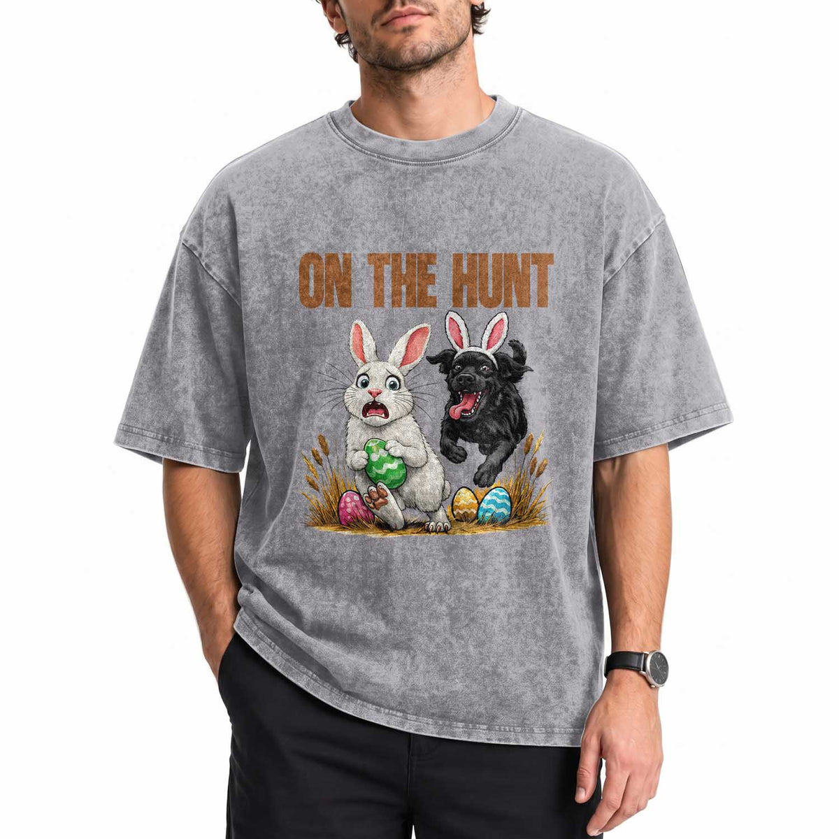 Funny Easter Labrador Bunny Ears Washed Cotton T-Shirt On The Hunt