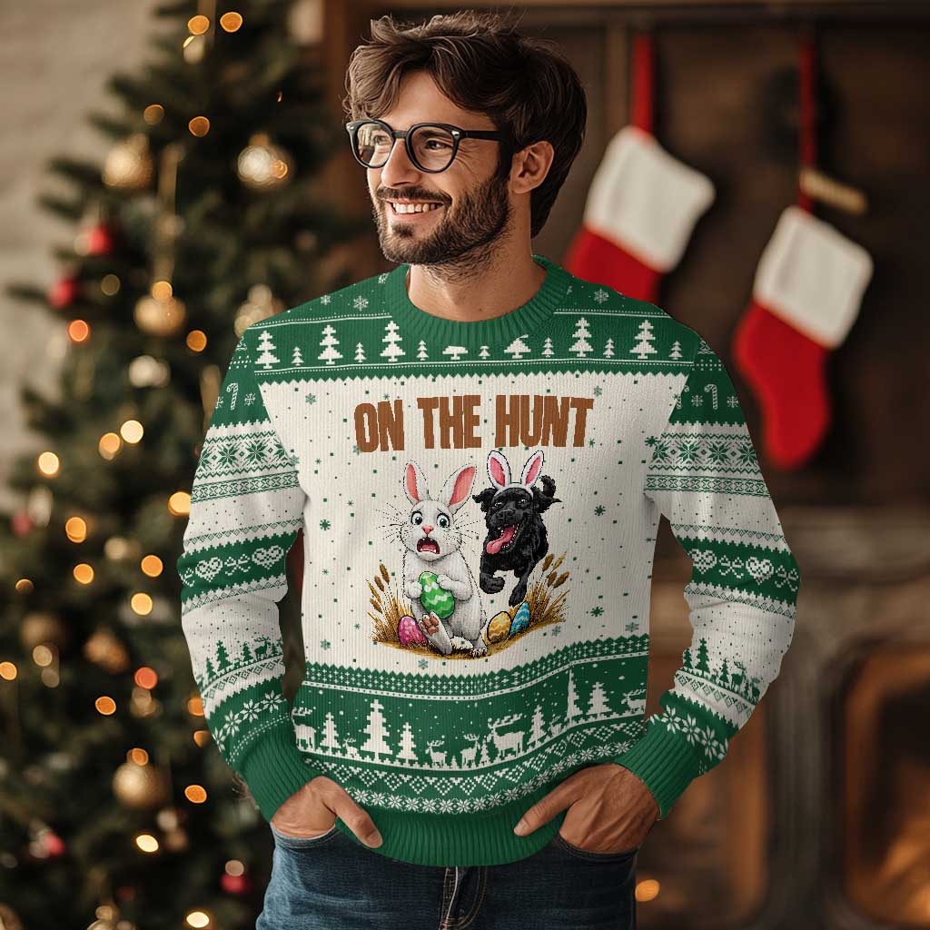 Funny Easter Labrador Bunny Ears Ugly Christmas Sweater On The Hunt TS12 Beige Green Print Your Wear